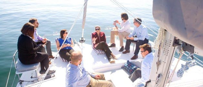 group of friends on boat in San Diego
