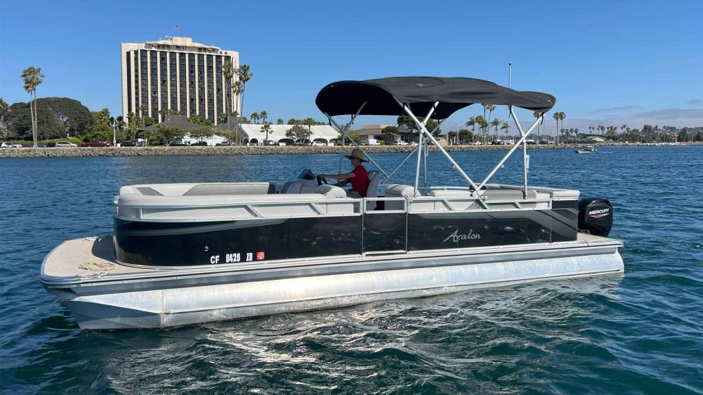 A pontoon boat on water with a canopy, near a palm-lined coast and a tall building.