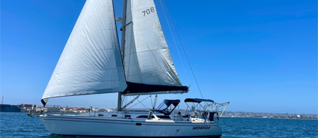 A white sailboat with raised sails glides across a calm blue sea under a clear sky.