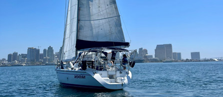 A sleek sailboat with full sails navigates calm waters, set against a sunny skyline of modern buildings.