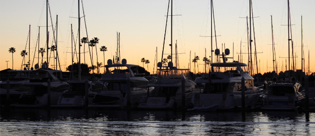 Silhouettes of yachts in a marina against a sunset sky with palm trees.